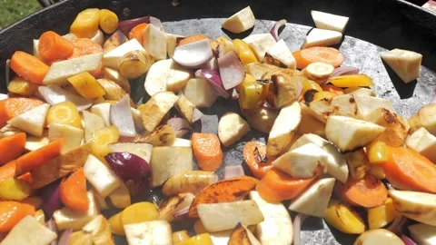 Grilled Root Vegetables, Open Fire, Outdoor Cooking with Natural Ingredients 4K Stock Footage 302340435