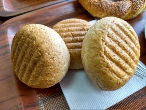 Grilled round breads at breakfast Stock Photos