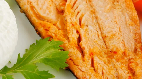 Grilled salmon and tomatoes Stock Footage 38353053