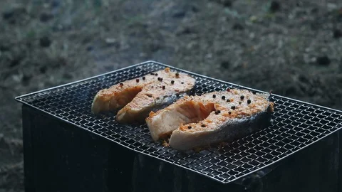Grilled salmon bbq taking with fork from grill. Roasted salmon steak on grill Stock Footage 115936608