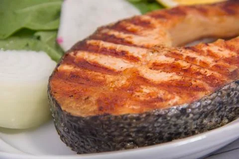 Grilled Salmon close up view Stock Photos