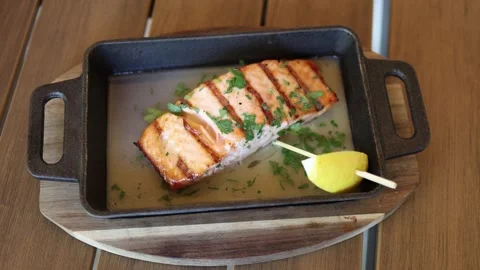 Grilled salmon fillet Stock Footage 337848691