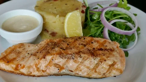 Grilled Salmon meat steak Stock Footage 76273516
