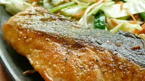 Grilled Salmon meat steak Stock Footage 76508645