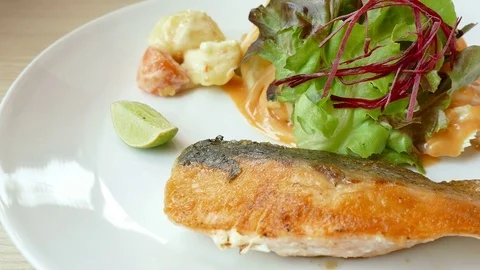 Grilled Salmon meat steak with sauce Stock Footage
