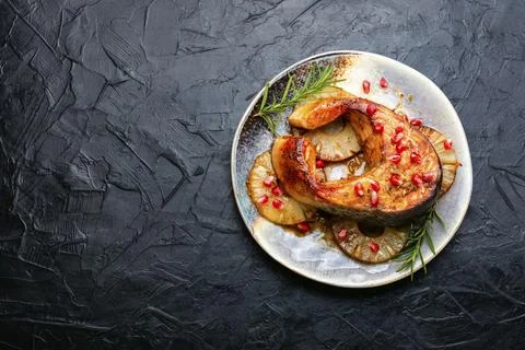 Grilled salmon with pineapple,space for text Stock Photos