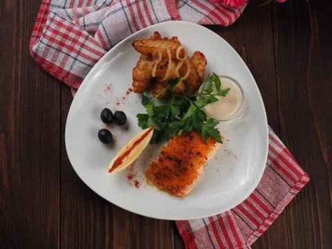 Grilled salmon with potatoes Stock Photos