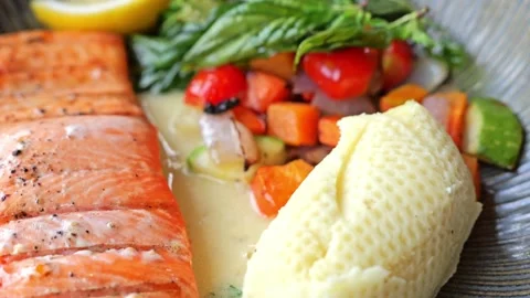 Grilled Salmon Steak Stock Footage 345686911