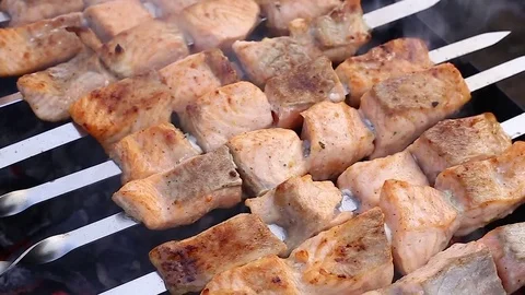 Grilled salmon steaks kebab Stock Footage 74964833