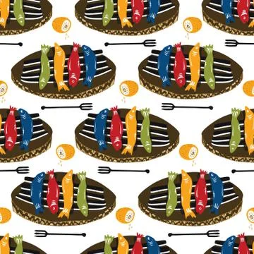 Grilled Sardines Fish Seamless Vector Pattern. Traditional BBQ Motif for Lisbon Stock Illustration