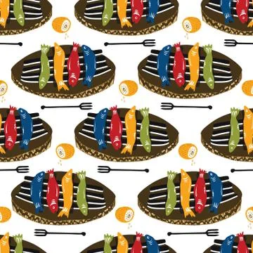Grilled Sardines Fish Seamless Vector Pattern. Traditional BBQ Motif for Lisbon Stock Illustration