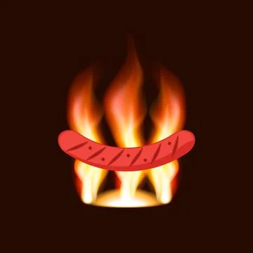 Grilled sausage on fire background. Isolated vector illustration.  Stock Illustration