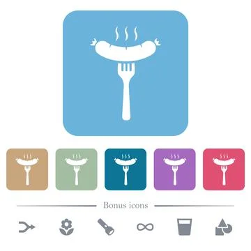 Grilled sausage on fork flat icons on color rounded square backgrounds Illustrazione stock