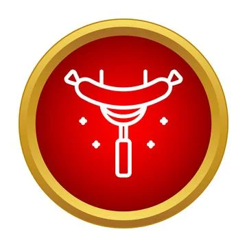 Grilled sausage on fork icon inside red circle Stock Illustration