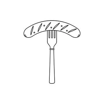 Grilled sausage on fork. Outline vector illustration on blank background. Stock Illustration