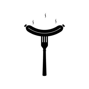Grilled sausage smiles on fork. Vector silhouette icon on white background. Stock Illustration