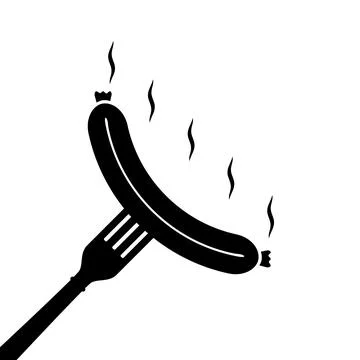 Grilled sausage smiles on fork. Vector silhouette icon on white background. Stock Illustration