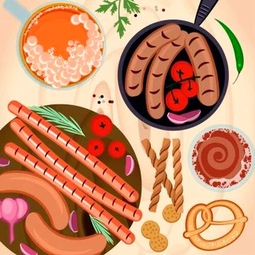 Grilled sausages and beer Stock Illustration
