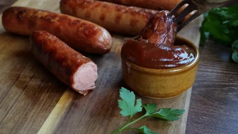 Grilled sausages Bockwurst dipped in red sauce. Close up. Slow motion. Stock Footage 257567767