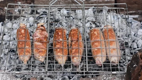 Grilled sausages Stock Footage 107875343