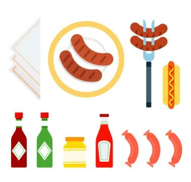 Grilled sausages with sauce vector flat material design isolated object on white Stock Illustration