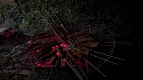 Grilled sausages using a traditional fire pit Stock Footage 296729544
