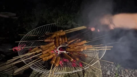 Grilled sausages using a traditional fire pit Stock Footage 296729555