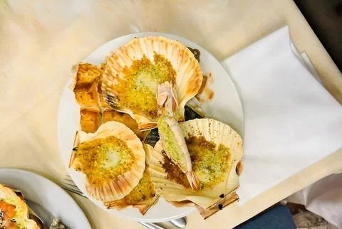 Grilled Scallops in Shells with Herb Crust Stock Photos