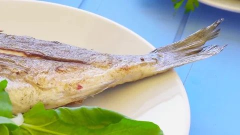 Grilled sea bream on plate with lemon, arugula, slice of lemon and onions. Stock Footage 80303220