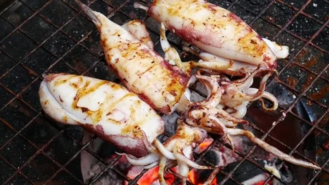 Grilled  seafood on fire Stock Footage 79670468