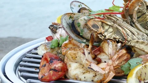 Grilled seafood steak Stock Footage 81248490