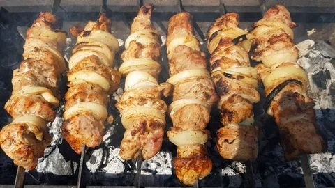 Grilled shish kebab Stock Footage 89177202