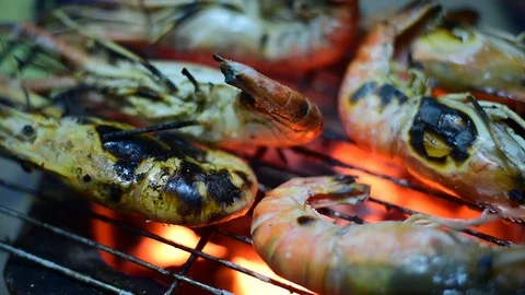 Grilled shrimp cooking on fire. Stock Footage 127801606