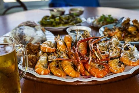 Grilled Shrimp On Plate Dining Table Thai Food Stock Photos