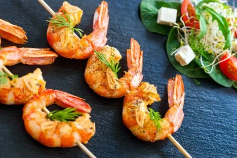 Grilled Shrimp skewers. Stock Photos