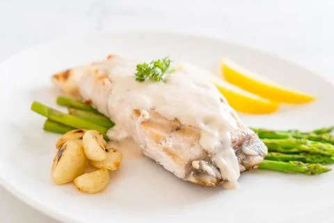 Grilled snapper fish steak 스톡 사진