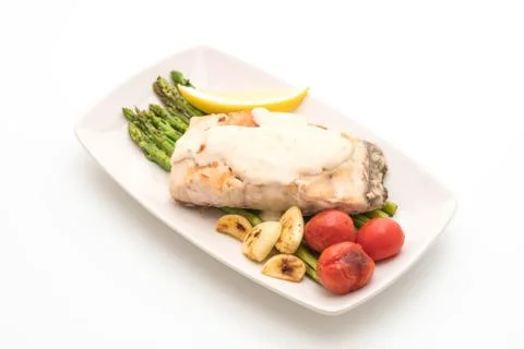 Grilled snapper fish steak with vegetable Stock Photos