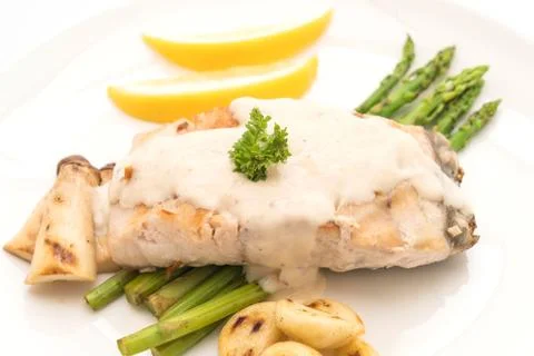 Grilled snapper fish steak with vegetable Stock Photos