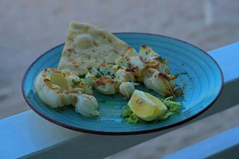 Grilled squid with bread and lemon. Stock Photos