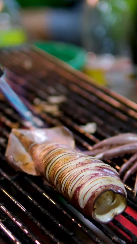 Grilled squid preparation cooking squids on grill, sprinkle with sea salt. Slow Stock-Footage 316044524