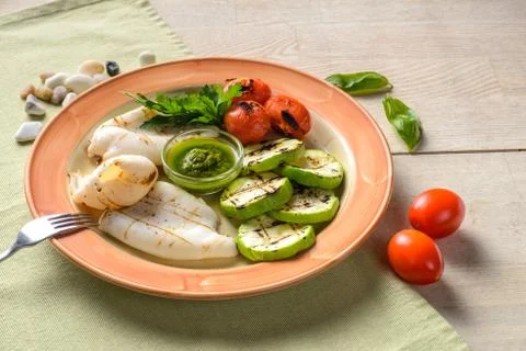 Grilled squid with squash Stock Photos