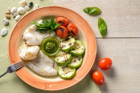 Grilled squid with squash Stock Photos
