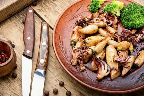Grilled squids in plate Stock Photos