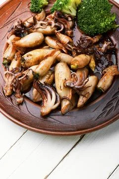 Grilled squids in plate Stock Photos