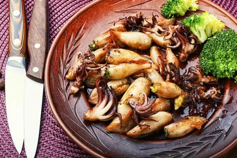 Grilled squids in plate Stock Photos