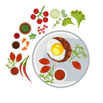 Grilled Steak with an Egg on Plate. Vector Illustration Stock Illustration