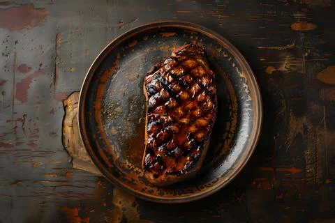 Grilled steak on rustic plate Stock Photos