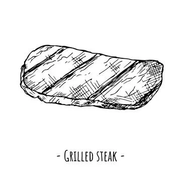 Grilled steak. Vector illustration. Isolated object on white. Hand-drawn. Stock Illustration