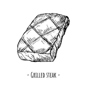 Grilled steak. Vector illustration. Isolated object on white. Hand-drawn. Illustrazione stock
