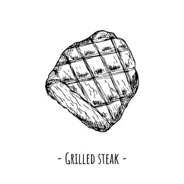 Grilled steak. Vector illustration. Isolated object on white. Hand-drawn. Illustrazione stock